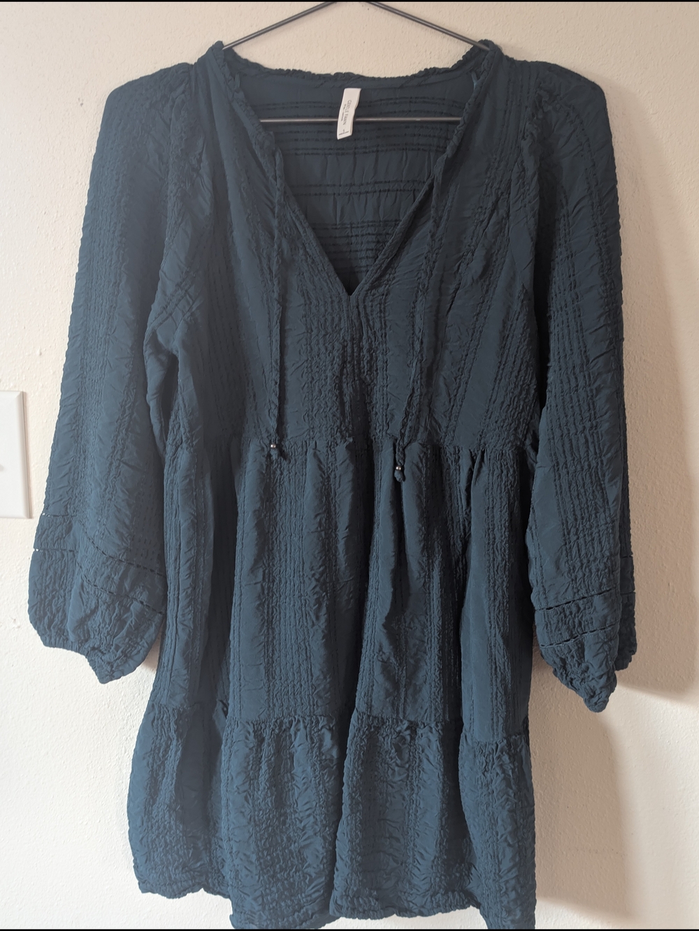 Gentle Fawn Teal Green Textured Long Sleeve Tiered Tunic Dress S
